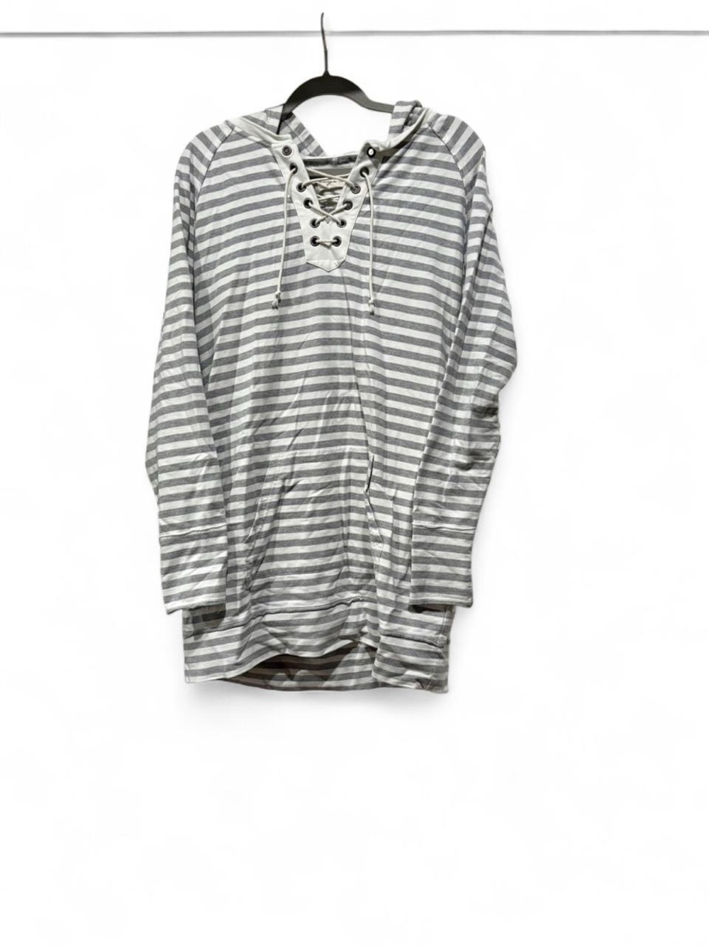 Evy’s Tree Striped Lace-Up Hoodie Mini dress/Tunic in Gray and White